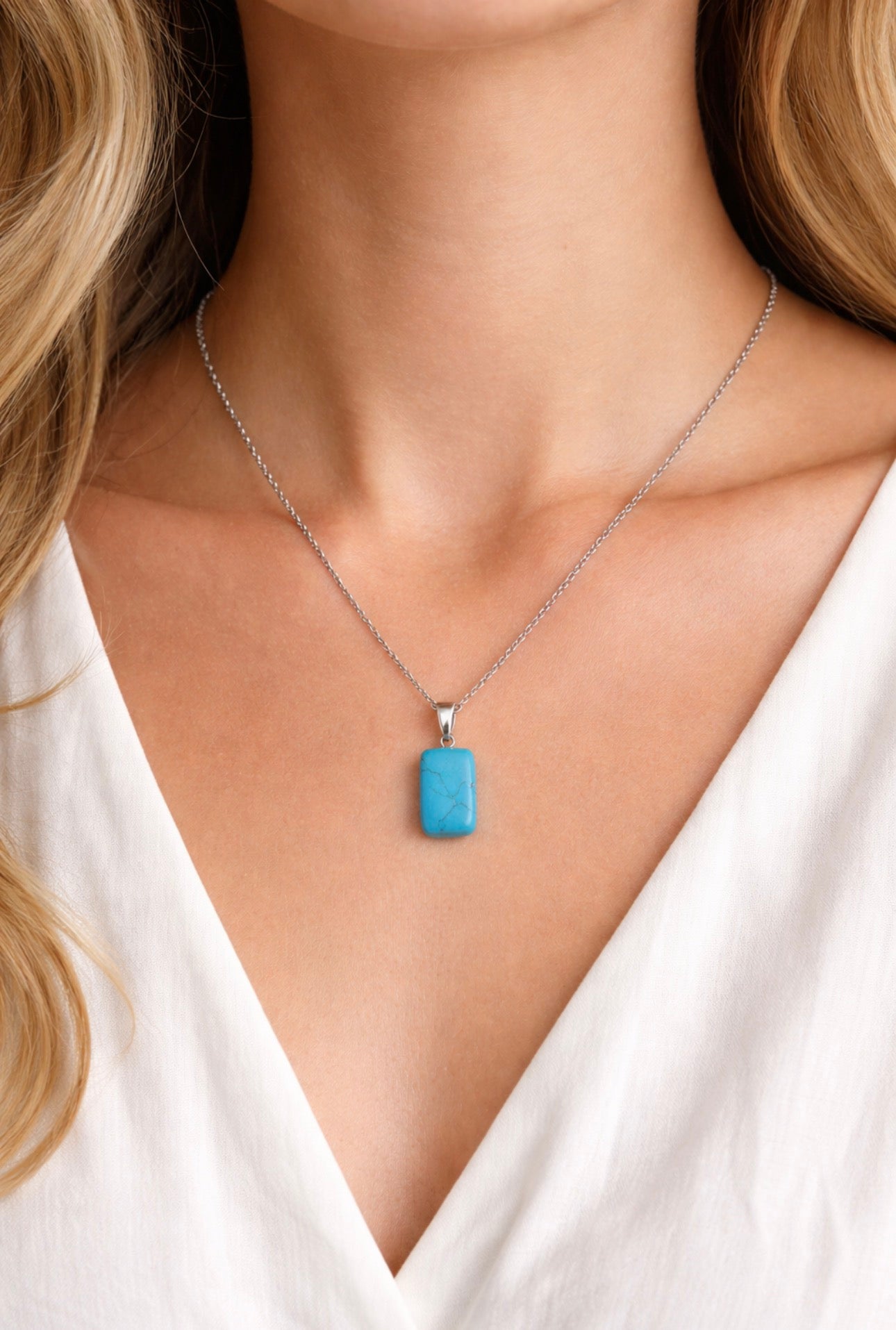 Product Title:
Turquoise Rectangle Pendant Necklace – Silver Chain
